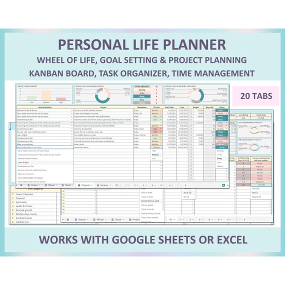 Digital life planner, Goal setting, Wheel of Life, Project planner, Kanban board, Task tracker, Productivity, Spreadsheet, Google sheets
