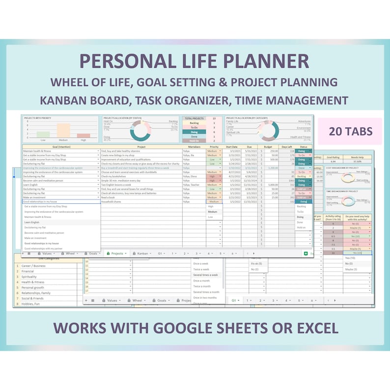 K&ouml;nnte beinhalten: Ein farbenfroher digitaler Planer mit dem Titel "Personal Life Planner" und dem Text "Wheel of Life, Goal Setting & Project Planning, Kanban Board, Task Organizer, Time Management". Der Planer hat 20 Registerkarten und ist f&uuml;r die Verwendung mit Google Sheets oder Excel konzipiert.
