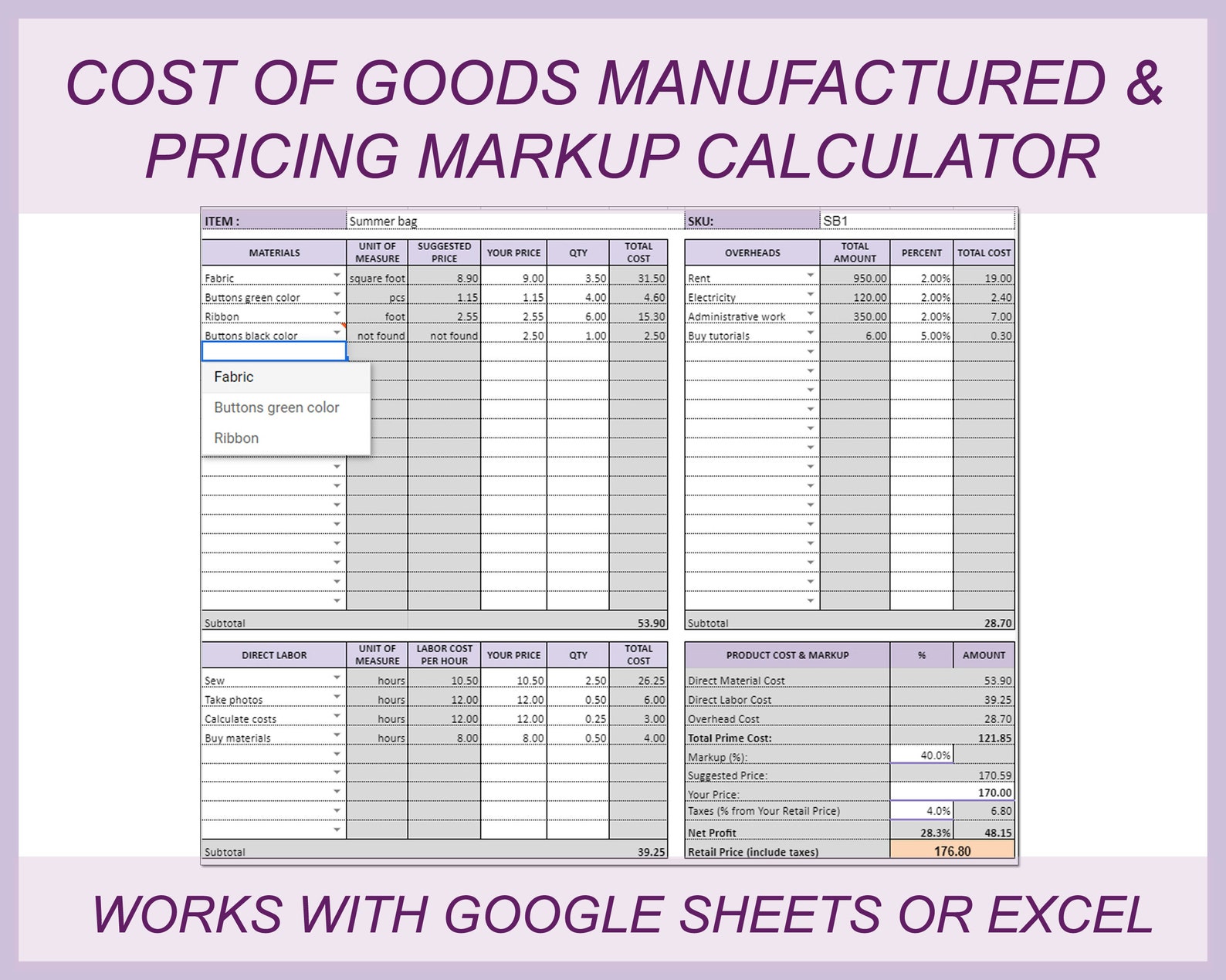 Product Cost Calculator Pricing Calculator Costing Template Etsy
