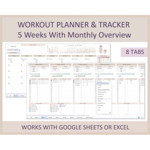 May include: A digital workout planner and tracker template with 8 tabs, including a monthly overview, weekly workout plans, and meal planner. The template is designed to work with Google Sheets or Excel. The image shows a portion of the template with a drop-down menu for selecting exercises.
