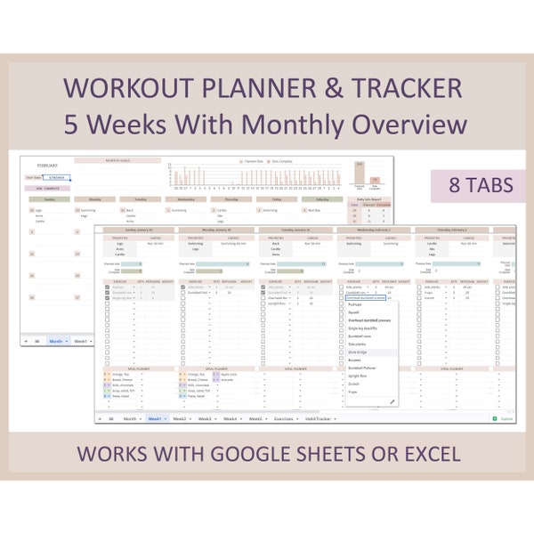 Workout spreadsheet, Workout schedule excel, Workout planner template, Exercise planner, Fitness planner, Planner Google sheet, Editable