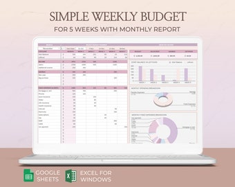 May include: A laptop screen displaying a pink and white budget spreadsheet with the title "Simple Weekly Budget for 5 Weeks with Monthly Report". The spreadsheet includes categories for income, expenses, and savings. The spreadsheet also includes a monthly report with charts showing spending breakdowns.