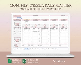 Excel Monthly, Weekly, Daily planner, Planner Spreadsheet, Daily to do list, Digital Planner, Weekly Planner Template, Google sheets planner