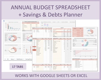 Annual Budget Spreadsheet Editable Planner Monthly Savings Tracker Financial Goals Organizer Bill Cash Log Google Sheets Digital Finance
