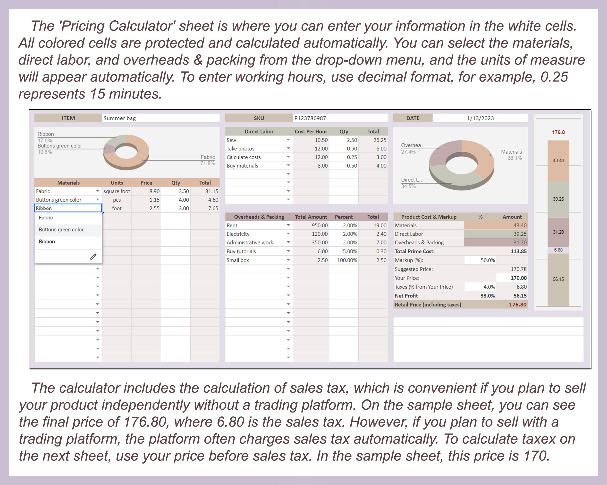 Product Cost Calculator, Pricing Calculator, Costing Template, Price