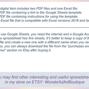 May include: A digital item description with text detailing the inclusion of two PDF files and one Excel file. The text explains the files' contents, including a Google Sheets template link, instructions, and Excel compatibility. The item is available on Etsy.