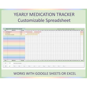 Medication Tracker Google Sheets Yearly Medicine Log Chart Digital Sheet Schedule Organizer Healthcare Planner Routine Monitoring Excel