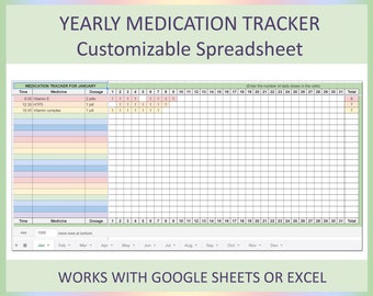 Medication Tracker, Medication Chart, Medicine tracker, Medication log, Medication sheet, Yearly medication, Digital tracker, Google sheets