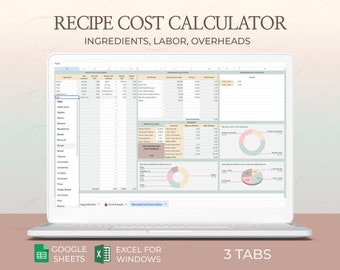 Cake pricing calculator, Recipe costing template, Recipe cost calculator, Baking Ingredient cost calculator, Formula, Excel, Google sheets