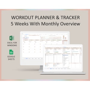 May include: A digital image showing a computer screen displaying a workout planner and tracker spreadsheet. The spreadsheet is designed for use with Microsoft Excel and Google Sheets. The spreadsheet includes a monthly overview and 5 weeks of daily workout tracking. The text on the screen reads "WORKOUT PLANNER & TRACKER 5 Weeks With Monthly Overview".