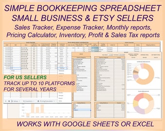 Etsy sellers bookkeeping, Small business tool; Inventory,Expenses,Sales tracker; Profit/Loss,Pricing,Markup spreadsheet; EXCEL,Google sheets