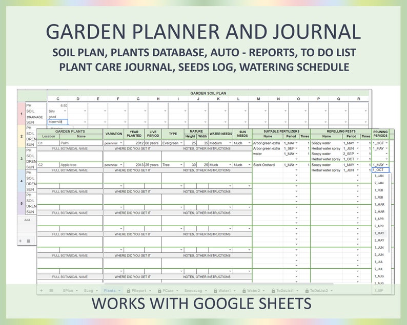 May include: A green and white printable garden planner and journal spreadsheet template for Google Sheets. The spreadsheet includes sections for soil plan, plants database, auto-reports, to do list, plant care journal, seeds log, and watering schedule.