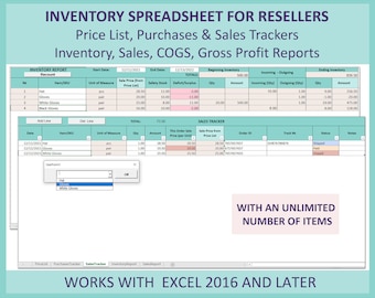 May include: A screenshot of a spreadsheet program with a light blue and white color scheme. The spreadsheet is titled "Inventory Spreadsheet for Resellers". The spreadsheet includes columns for item, unit of measure, sale price, safety stock, and sales tracker. The spreadsheet is designed to help resellers track their inventory, sales, and profits.