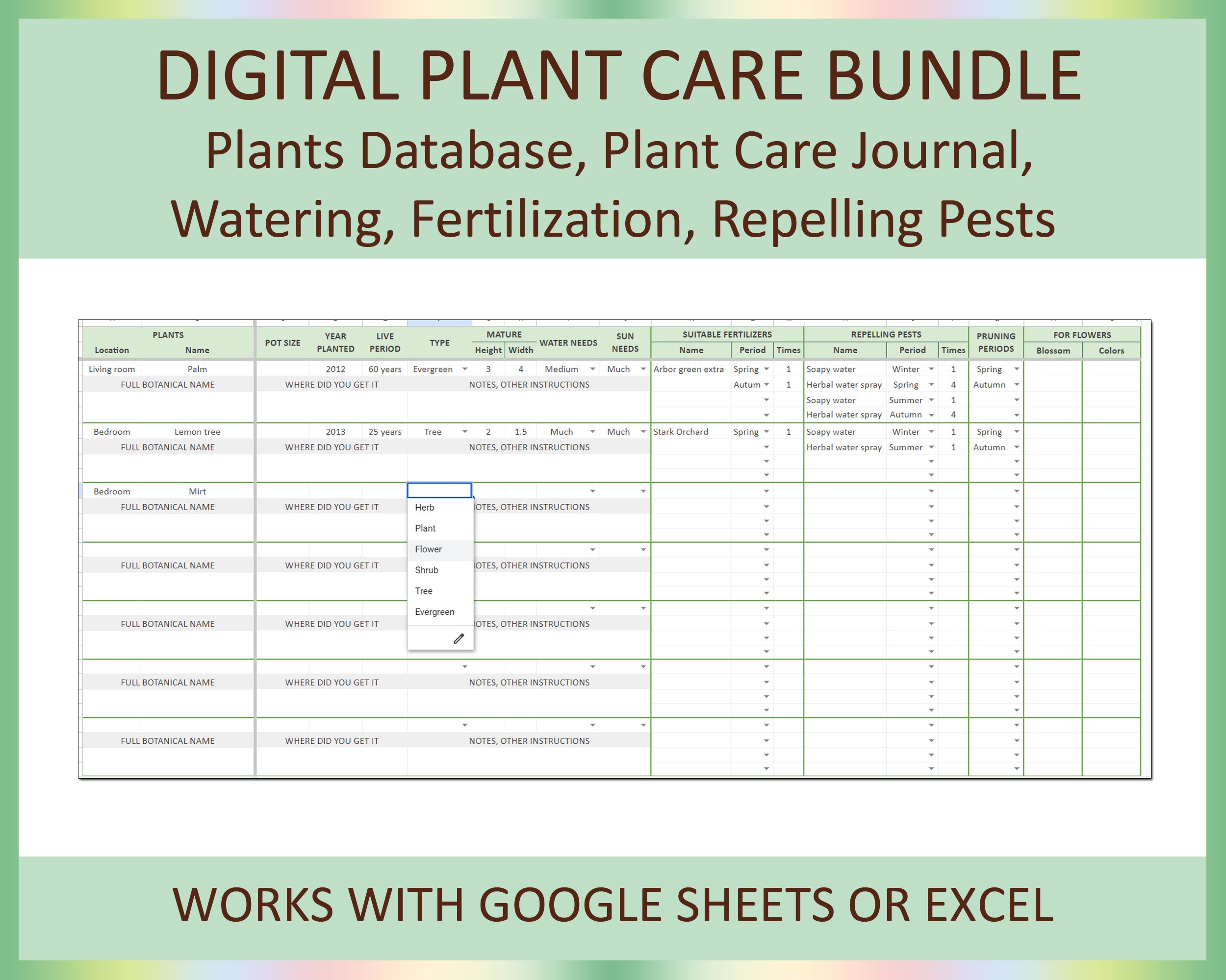 Plant Care Spreadsheet, Digital Plant Care Journal, House Plant Planner