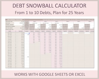 May include: A debt snowball calculator spreadsheet with a table showing how to pay off debt in 25 years. The table includes columns for the start date, total debt, snowball amount, minimum monthly payment, debt free month, interest paid total, month, total debt, amount, payment, end balance, and payment. The spreadsheet is designed to help people pay off their debt faster by focusing on paying off the smallest debt first.