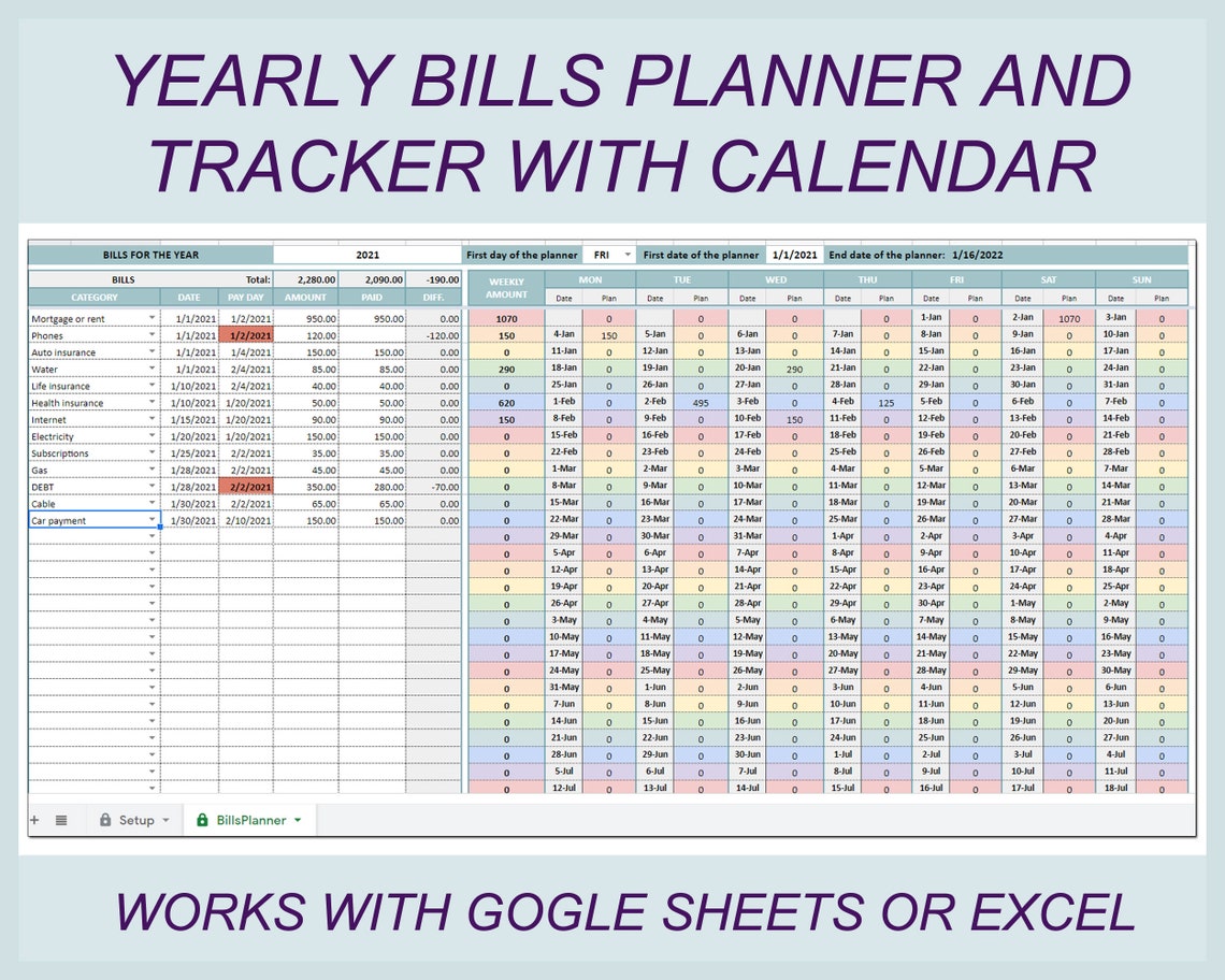 Bills Planner &amp; Tracker Bill Calendar Bills Spreadsheet | Etsy