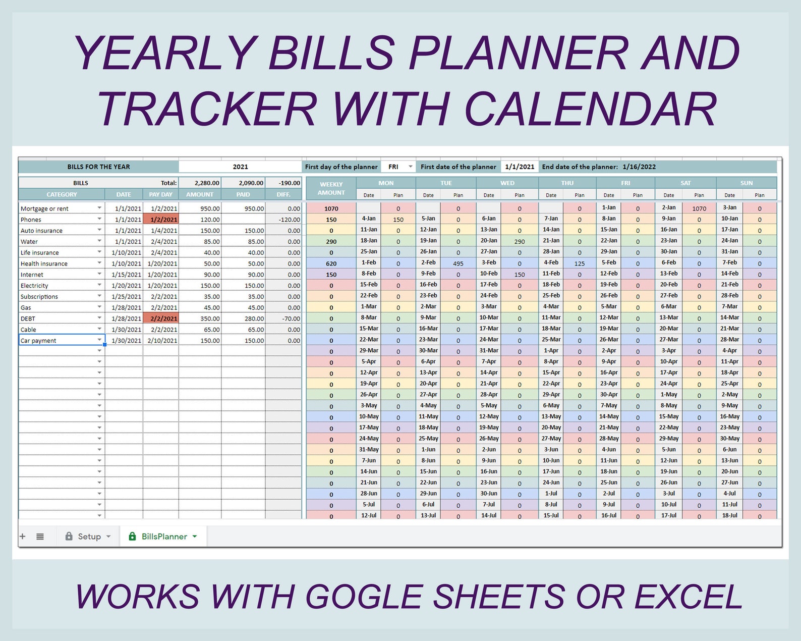 Bills Planner &amp; Tracker Bill Calendar Bills Spreadsheet | Etsy