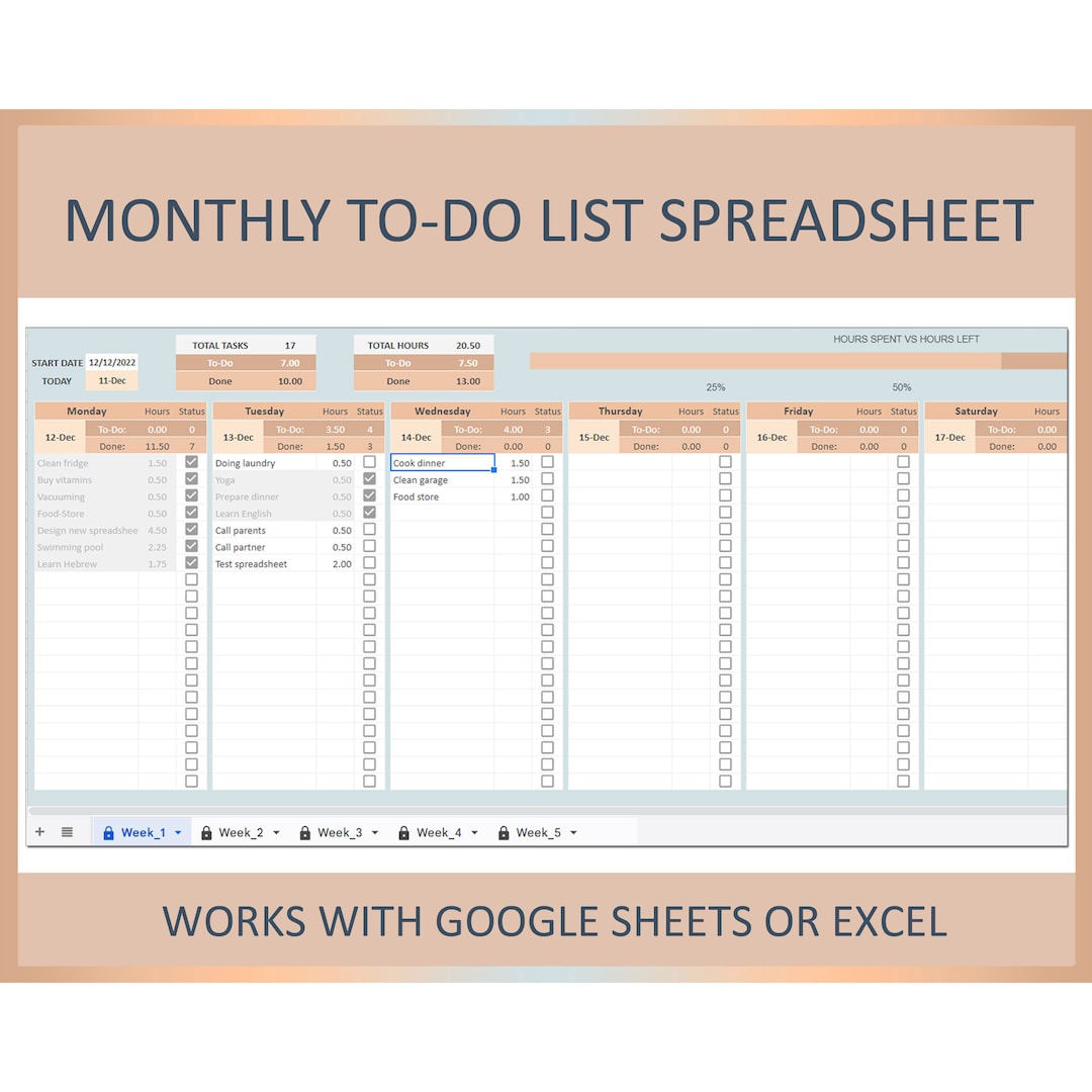 Monthly To-do List Excel, Check List, Work Hours Planner, Weekly to Do ...