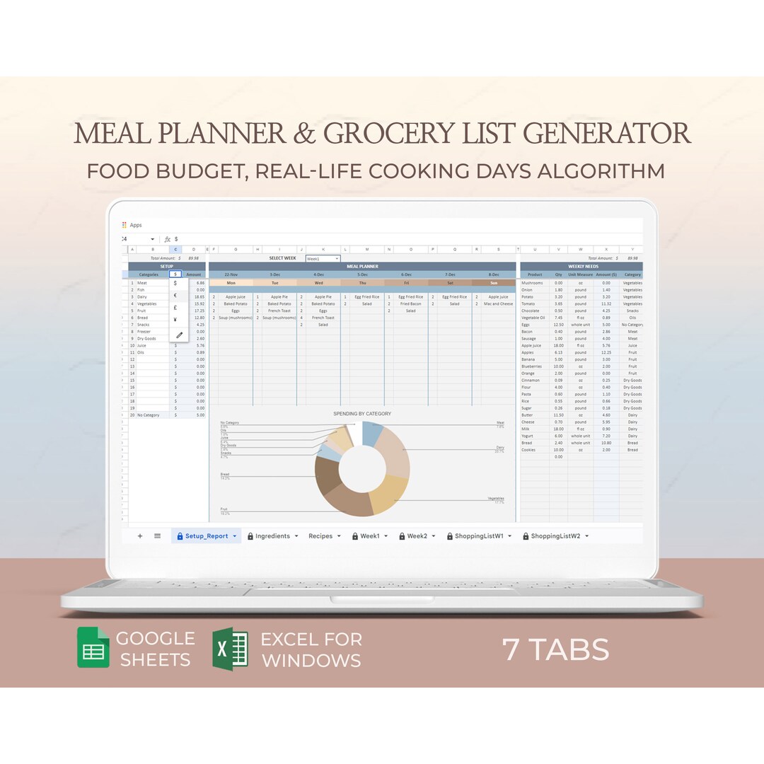 Meal Planner Spreadsheet, Weekly Menu Plan, Meal Plan Excel, Food