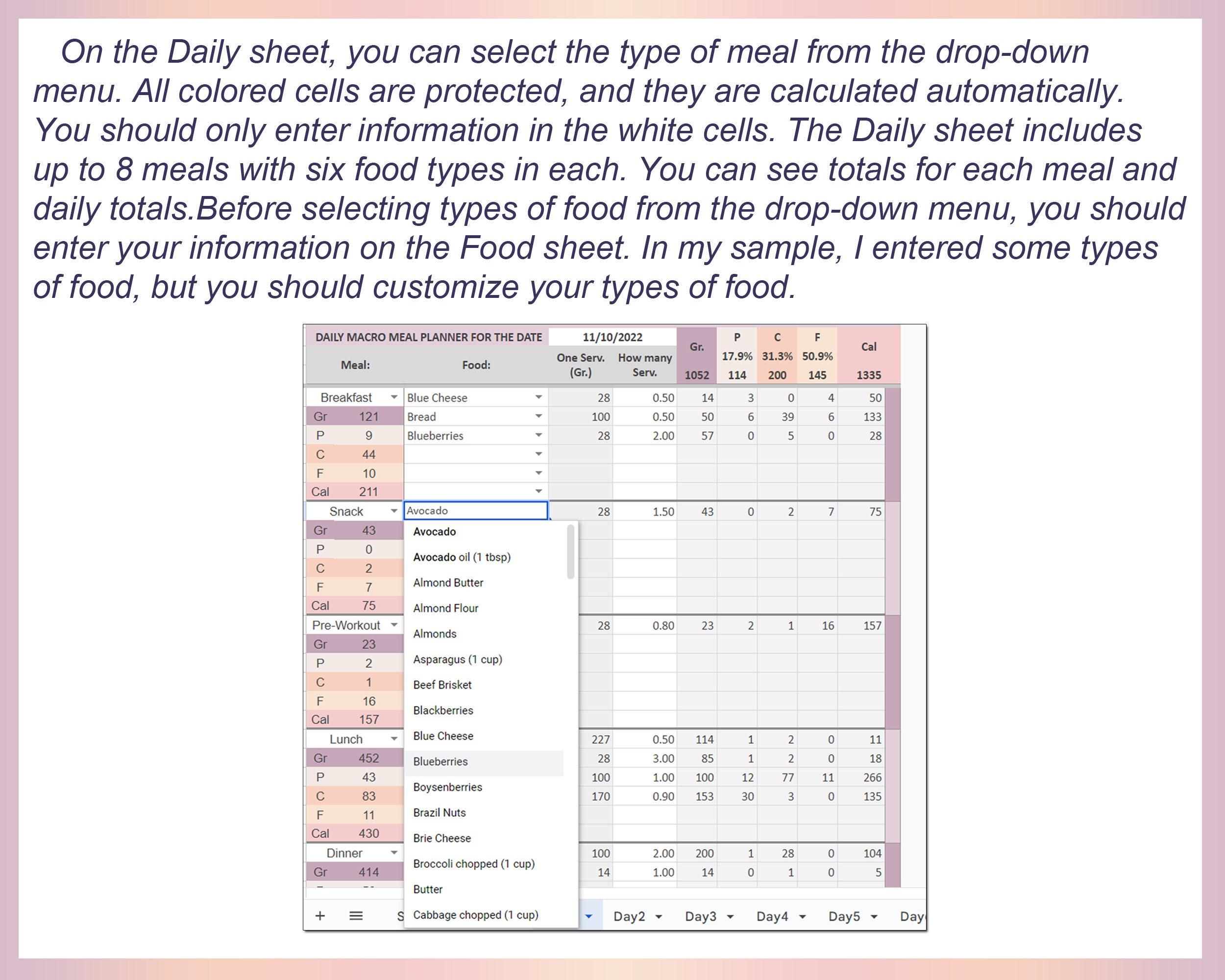 Macro Meal Planner Spreadsheet Excel Meal Planner Macro Diet - Etsy