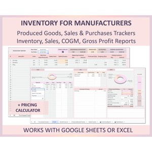 Inventory Spreadsheet Excel Google Sheets Pricing Sheet Sales Tracker Costing Calculator COGM COGS Inventory Sheet Small Business Template