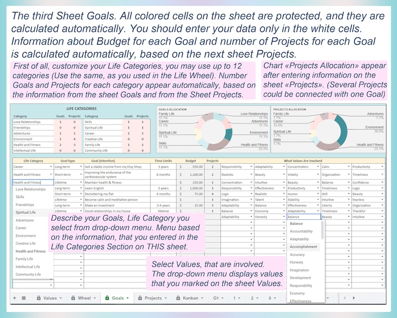 K&ouml;nnte beinhalten: Ein Arbeitsblatt mit einer Tabelle und Diagrammen zur Zielsetzung und Projektplanung. Das Arbeitsblatt enth&auml;lt Kategorien f&uuml;r Lebensziele, Projekte, Werte und Zeitlimits. Das Arbeitsblatt soll Benutzern helfen, ihren Fortschritt in Richtung ihrer Ziele zu verfolgen.