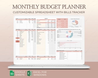 Budget planner spreadsheet, Monthly Budget, Budget template, Bill tracker, Financial planner, Personal budget sheet, Google sheets, Excel