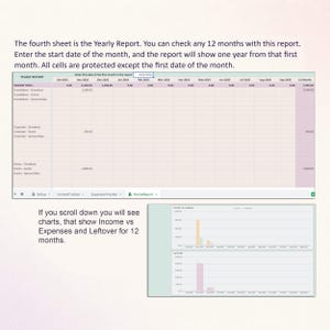 Puede incluir: Una plantilla de hoja de c&aacute;lculo digital para un informe anual con una cuadr&iacute;cula para el seguimiento de ingresos durante doce meses. La interfaz incluye un campo de entrada de fecha, celdas protegidas y una secci&oacute;n con gr&aacute;ficos.