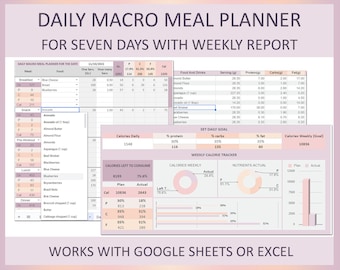 Macro meal planner spreadsheet, Excel meal planner, Macro diet meal planner, Calorie tracker, Fitness meal planner, Google sheets, Editable