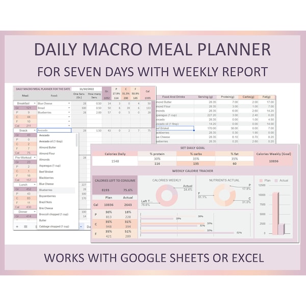 Tableur de planificateur de repas macro, planificateur de repas Excel, planificateur de repas de régime macro, suivi des calories, planificateur de repas de remise en forme, feuilles Google, modifiable