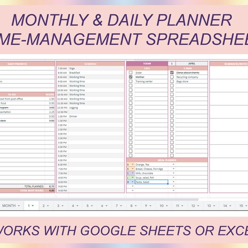 Time Management Digital Planner Excel Daily Sheet Monthly - Etsy
