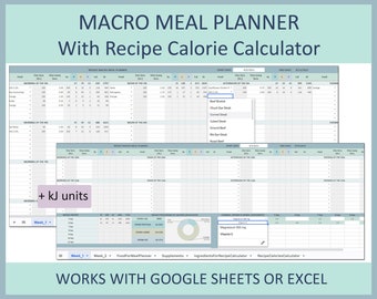 Macro Diet Meal Planner Editable Excel Template Digital Nutrition Tracker Fitness Meal Planning Google Sheets Health Log for Daily Macros