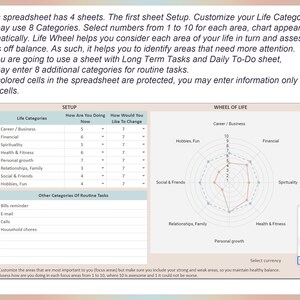 May include: A spreadsheet with a wheel of life chart. The chart has eight categories: Career/Business, Financial, Spirituality, Health & Fitness, Personal Growth, Relationships, Family, Social & Friends, and Hobbies, Fun. The chart is divided into eight sections, each representing one of the categories. The spreadsheet also includes a section for setting up life categories and a section for other categories of routine tasks.