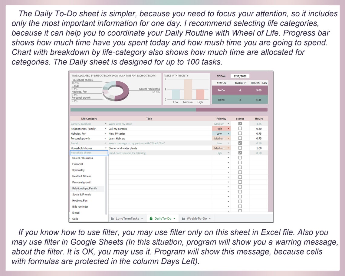 Excel to Do Planner, Excel Task Tracker, Daily to Do List, Weekly Todo ...
