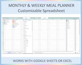 Monthly Meal Planner Template Weekly Menu Excel Spreadsheet Grocery List Organizer Digital Google Sheets for Home Cooking and Meal Planning