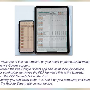 Puede incluir: Dos dispositivos, una tableta y un tel&eacute;fono, que muestran una hoja de c&aacute;lculo de Google Sheets con una plantilla de calendario colorida. El texto en la tableta dice "Meal Planning Planner V1 - Blue Sample".