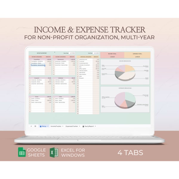 Finance tracker for Non-Profit Organization, Income, Expense, Bookkeeping, Accounting, Spending tracker, Money tracker, Google sheets, Excel