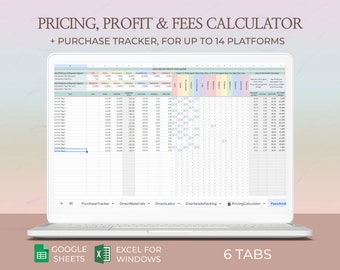 Calculatrice de frais Etsy Modèle de prix de revient du produit Marge COGM Marge bénéficiaire Prix de vente Feuilles Google Excel pour une stratégie commerciale faite main