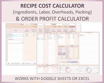 Calculadora de costos de recetas, plantilla de Excel, fórmula de ganancias de pedidos, precio de horneado, cálculo de costos de ingredientes de alimentos, seguimiento de Hojas de cálculo de Google, pequeñas empresas de alimentos
