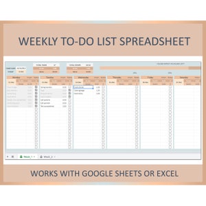 May include: A weekly to-do list spreadsheet template in a light blue and peach color scheme. The template is designed to be used with Google Sheets or Excel. The spreadsheet includes columns for the day of the week, date, hours, to-do items, and status. The spreadsheet also includes a section for total tasks and total hours.