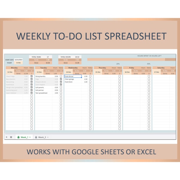 Weekly to do list, To Do list template, To-do list Excel, To do list Google Sheets, Weekly task tracker, Time management, Weekly task list