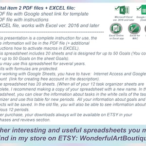 May include: A digital download for a goal-setting spreadsheet. The image shows a text description of the product, which includes a Google Sheet link for a template, instructions, and an Excel file that works with Excel 2016 and later. The spreadsheet includes 20 sheets and is designed for up to 50 goals. The image also shows icons for Microsoft Excel, Google Sheets, Excel Online, Excel for Mac, and Numbers.