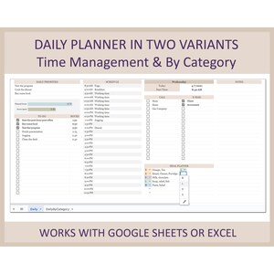 May include: A daily planner template in two variants: time management and by category. The template is designed for use with Google Sheets or Excel. The planner includes sections for daily priorities, to-do list, schedule, calls, emails, and a meal planner.