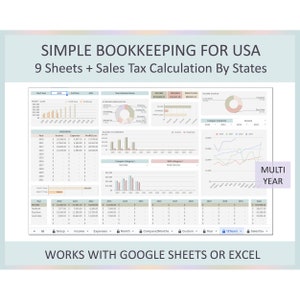 May include: A multi-year bookkeeping template for small businesses in the USA. The template includes 9 sheets and a sales tax calculator by state. The template is designed to work with Google Sheets or Excel. The template includes charts and graphs to track income, expenses, and profit/loss.