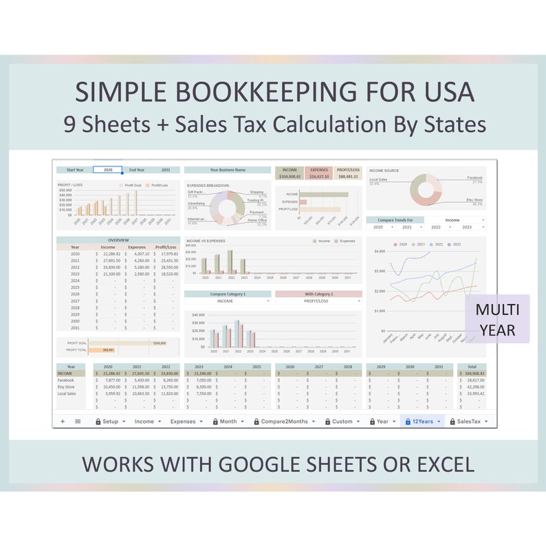 May include: A multi-year bookkeeping template for small businesses in the USA. The template includes 9 sheets and a sales tax calculator by state. The template is designed to work with Google Sheets or Excel. The template includes charts and graphs to track income, expenses, and profit/loss.