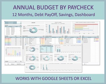 Budżet według miesięcznego szablonu planera wypłaty Excel Arkusze Google Roczny organizator Roczny arkusz kalkulacyjny budżetu Finanse osobiste Śledzenie rachunków