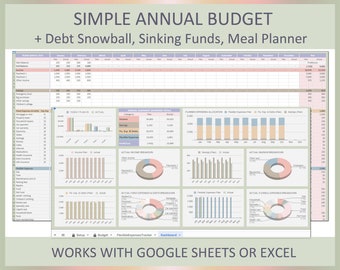 Annual budget template, Simple yearly budget spreadsheet,Personal budget, Budget planner, Household budget worksheet, Google Sheets, Excel
