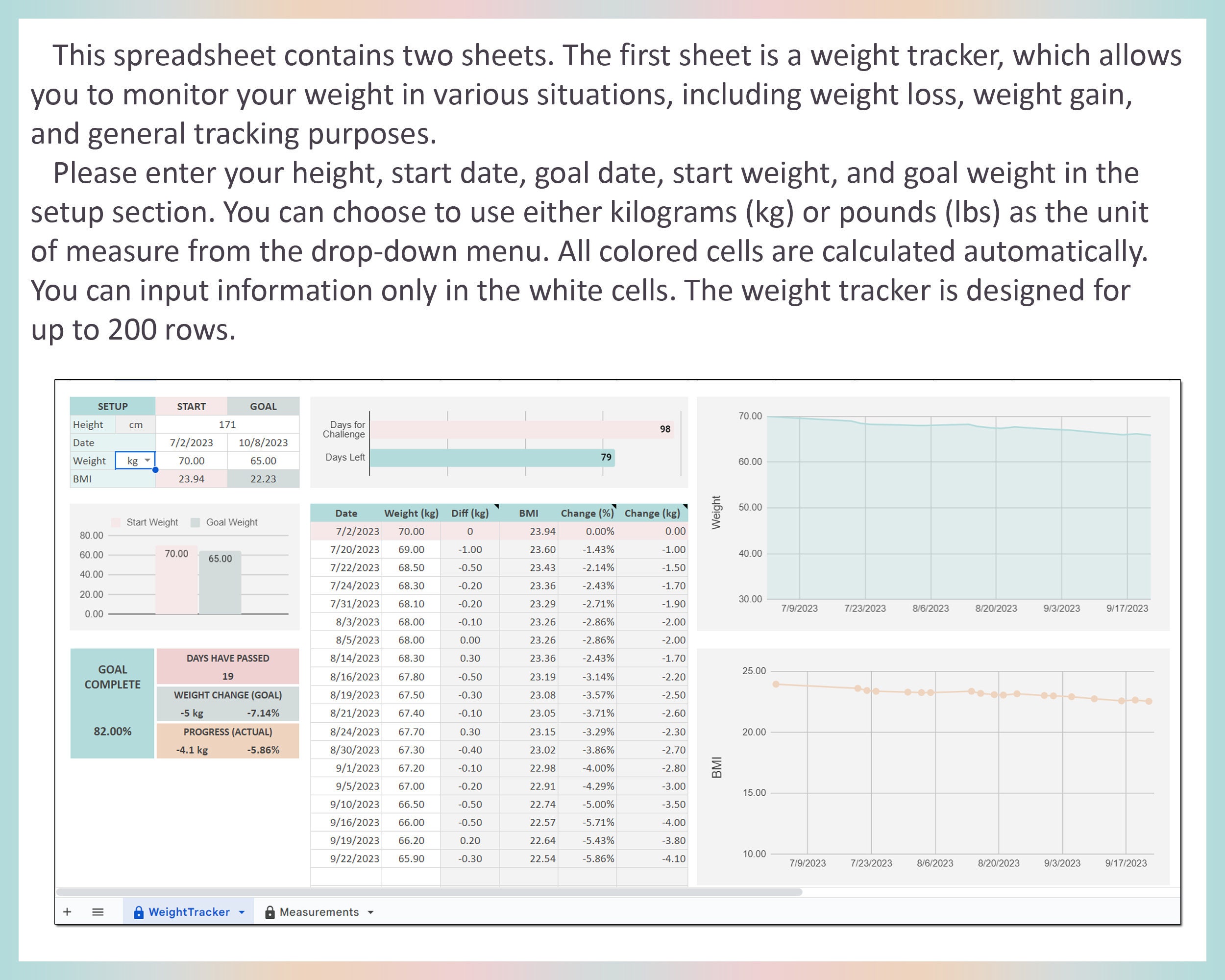 Excel Weight Loss Tracker Spreadsheet Challenge Journal Weight Chart ...
