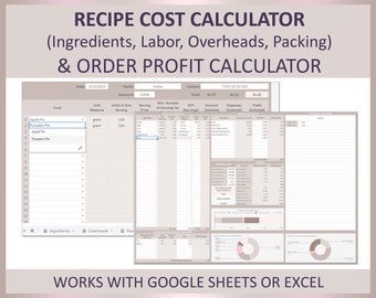 Calcolatore del costo della ricetta, Calcolatore del profitto dell'ordine, Calcolatore del prezzo della cottura, Calcolatore del costo del cibo, Formula degli ingredienti, Excel, Fogli Google