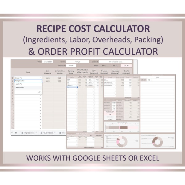 Recipe cost calculator, Order profit calculator, Baking price calculator, Food cost calculator, Ingredients formula, Excel, Google sheets